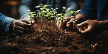 hands holding small plants in dirt