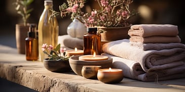 a group of candles and towels on a table