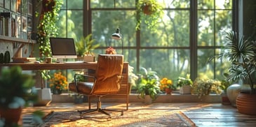 Home office with a wooden desk, leather chair, computer, and numerous potted plants, bathed in natural light from large windows showing a lush garden.