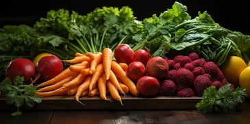 a group of vegetables on a wooden board