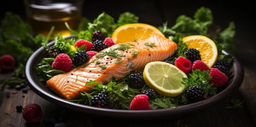 a plate of food with fruit and greens