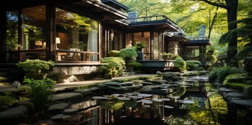 a house with a pond and trees