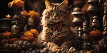 a cat lying down with a necklace