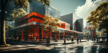 a building with glass windows and people walking by