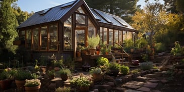 a greenhouse with plants in pots