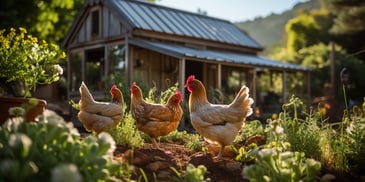 a group of chickens in a garden