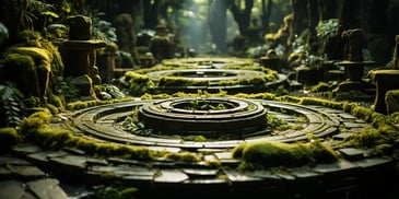 a circular stone walkway in a forest