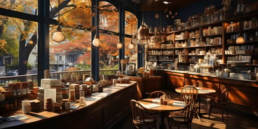 a room with a large window and a table with chairs and a shelf with dishes