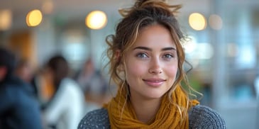 Smiling woman with tied-up hair and a mustard scarf, sitting in a bright, warmly lit indoor setting with blurred people in the background.