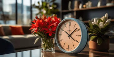 a clock next to a vase of flowers