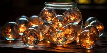 a glass jar filled with globes