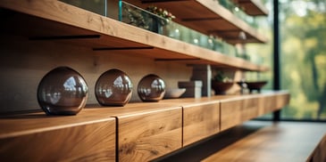 a shelf with glass balls on it