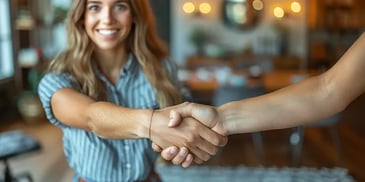 Smiling woman with long hair shaking hands with another person.