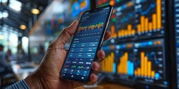 Hand holding a smartphone displaying financial charts, with multiple large monitors.