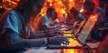 A person typing on a laptop in a vibrant setting, surrounded by others working on laptops.