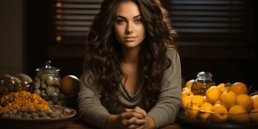 a person sitting at a table with fruits