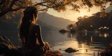 a person sitting on a rock by a lake