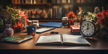 a table with a book and coffee cups