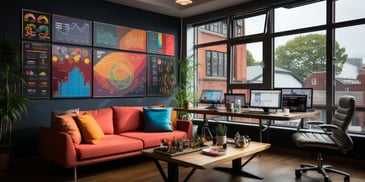 a room with a couch and computer desk and a large window