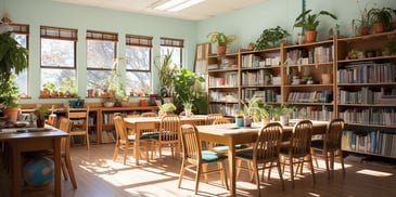 a room with tables and chairs and bookshelves