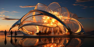 a group of people standing outside a glass structure