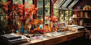 a desk with flowers and other objects on it