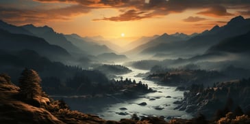 a river running through a valley with trees and mountains