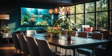 a room with a table and chairs and a television