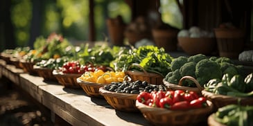 a group of baskets of vegetables