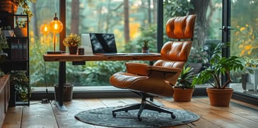 Home office with a leather chair, wooden desk, laptop, and potted plants