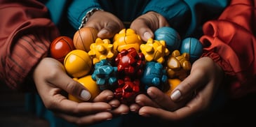 hands holding colorful objects in their hands