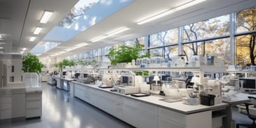 a room with white cabinets and plants