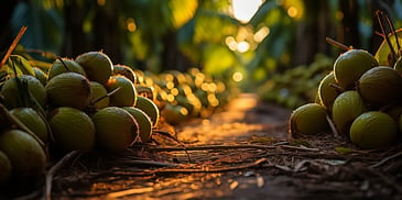 a group of coconuts on a dirt path