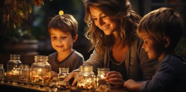 a person and two children looking at a candle in jars