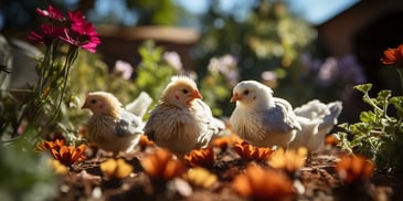 a group of chickens standing on flowers