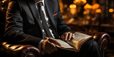 a person in a suit and tie reading a book