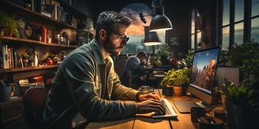 a person sitting at a desk using a computer