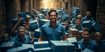 a group of people carrying boxes