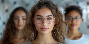 Three young women with curly hair and glasses, standing in a line with the focus on the woman in the front, in a softly lit environment.