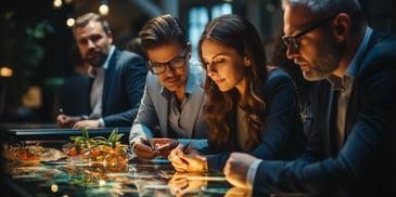 a group of people sitting at a table looking at a piece of paper