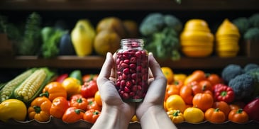 a person holding a jar of red beans