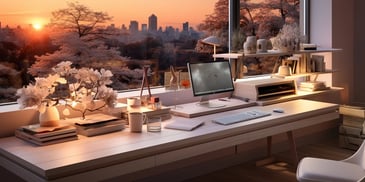 a desk with a computer and a keyboard