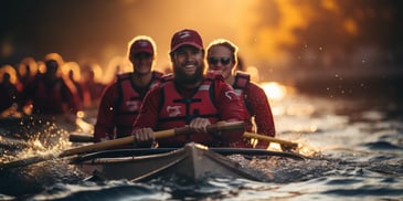 a group of people in a canoe