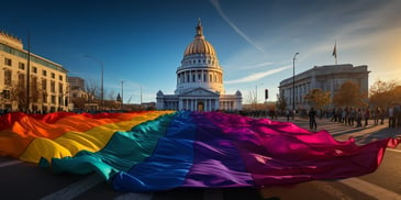 a rainbow flag in front of a building