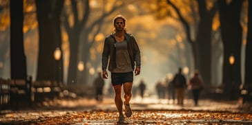 a person running on a path with trees in the background