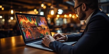 a person sitting at a table looking at a laptop