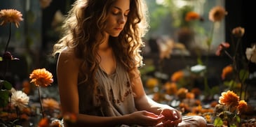 a person sitting down with her hands in her hands