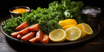 a plate of vegetables and fruits