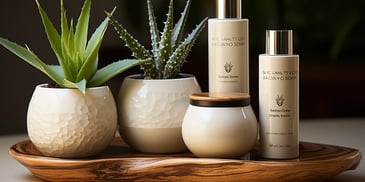 a group of white containers with a green plant in front of them