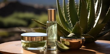 a group of bottles next to a bowl of aloe vera